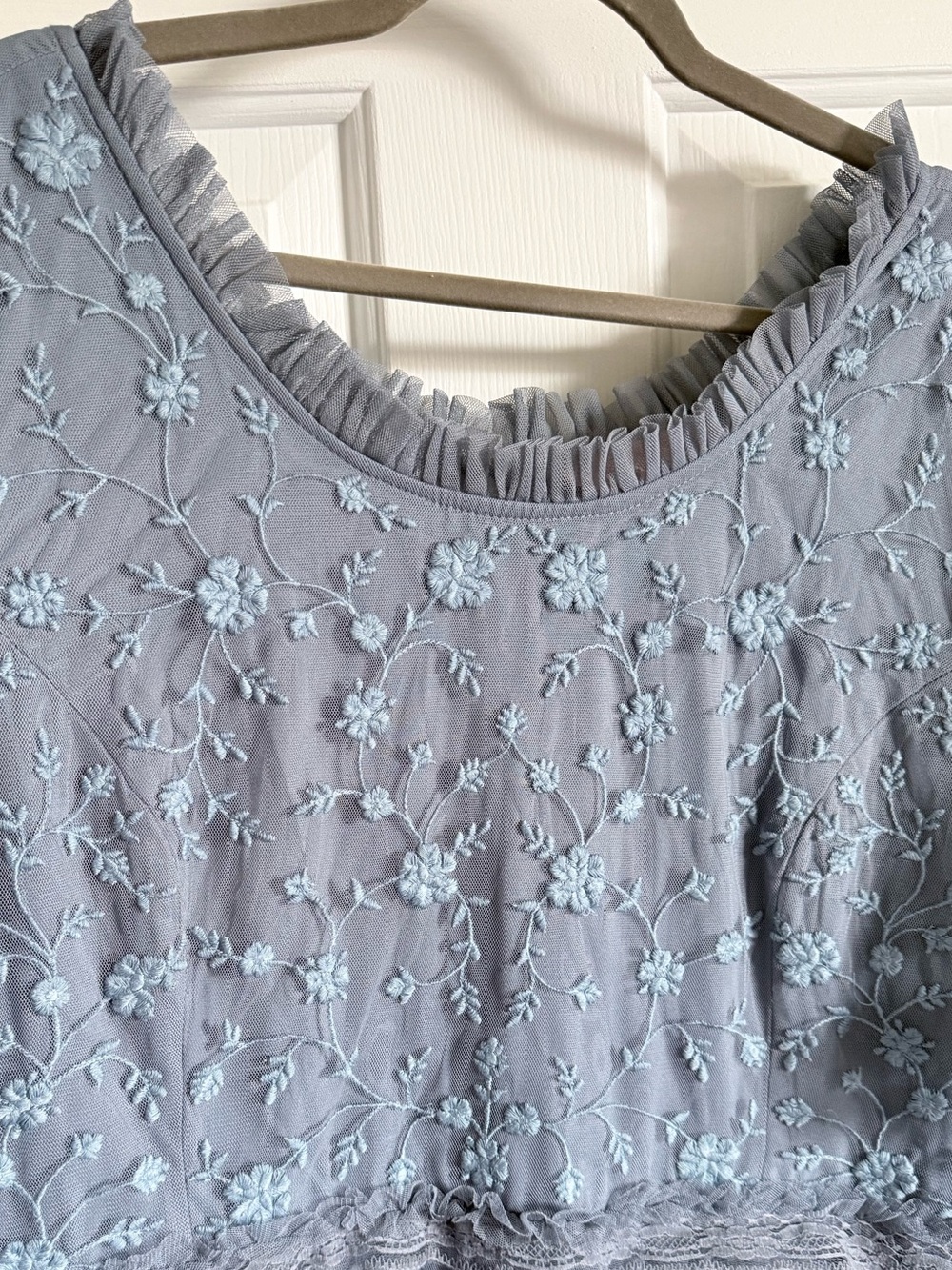 JessaKae Harper Slate Blue floral Embroidered Tiered Tulle Dress, like new 2x - Picture 4 of 14